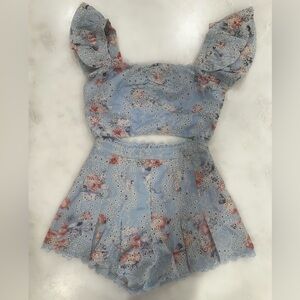 Blue Floral Eyelet Two-Piece Shorts Set